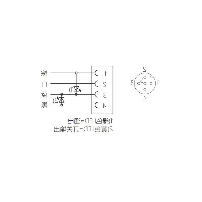 M12 4Pin、母头90°、带LED 灯、单端预铸PVC非柔性电缆、灰色护套、64S223-XXX